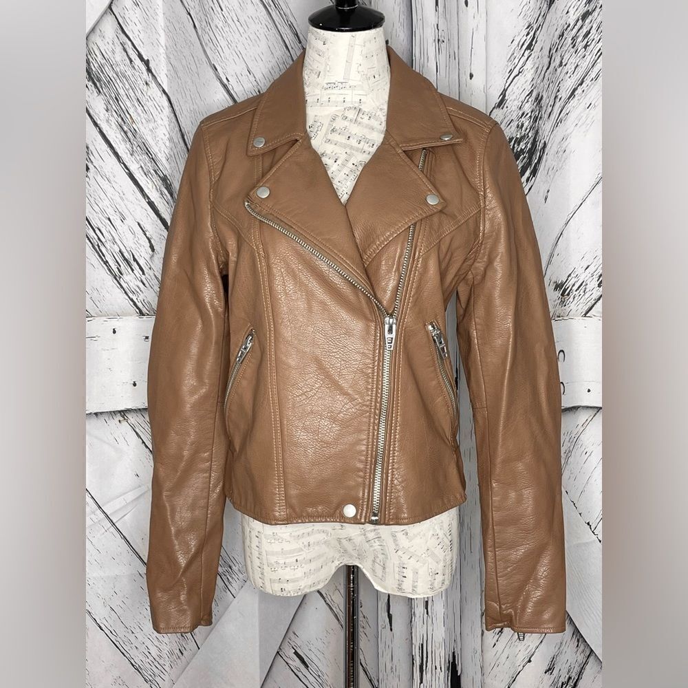 Blank NYC Good Vibes Faux Leather Moto Jacket Camel Color L